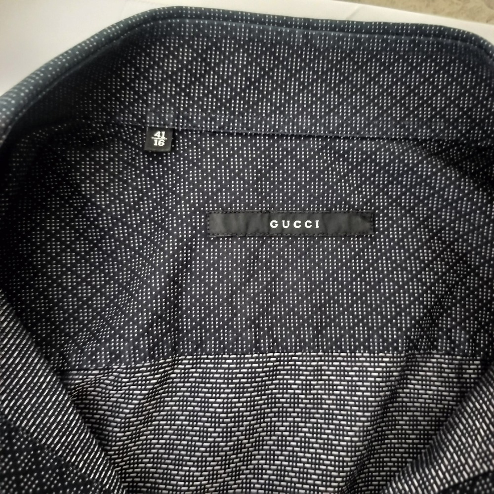 Gucci Mens Navy Blue Micro Geometric Diamond Long Sleeve Button Down Shirt 41 16 - Picture 8 of 10